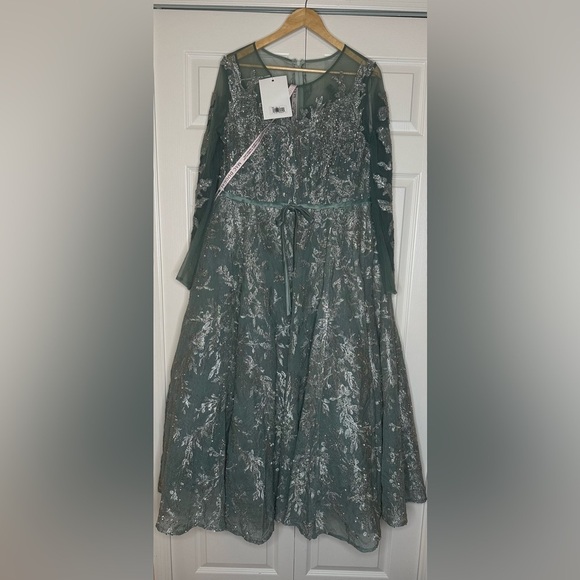 Mac Duggal Women's Embellished Bow Belt Illusion Long Sleeve A Line Dress 20337 - Picture 10 of 14